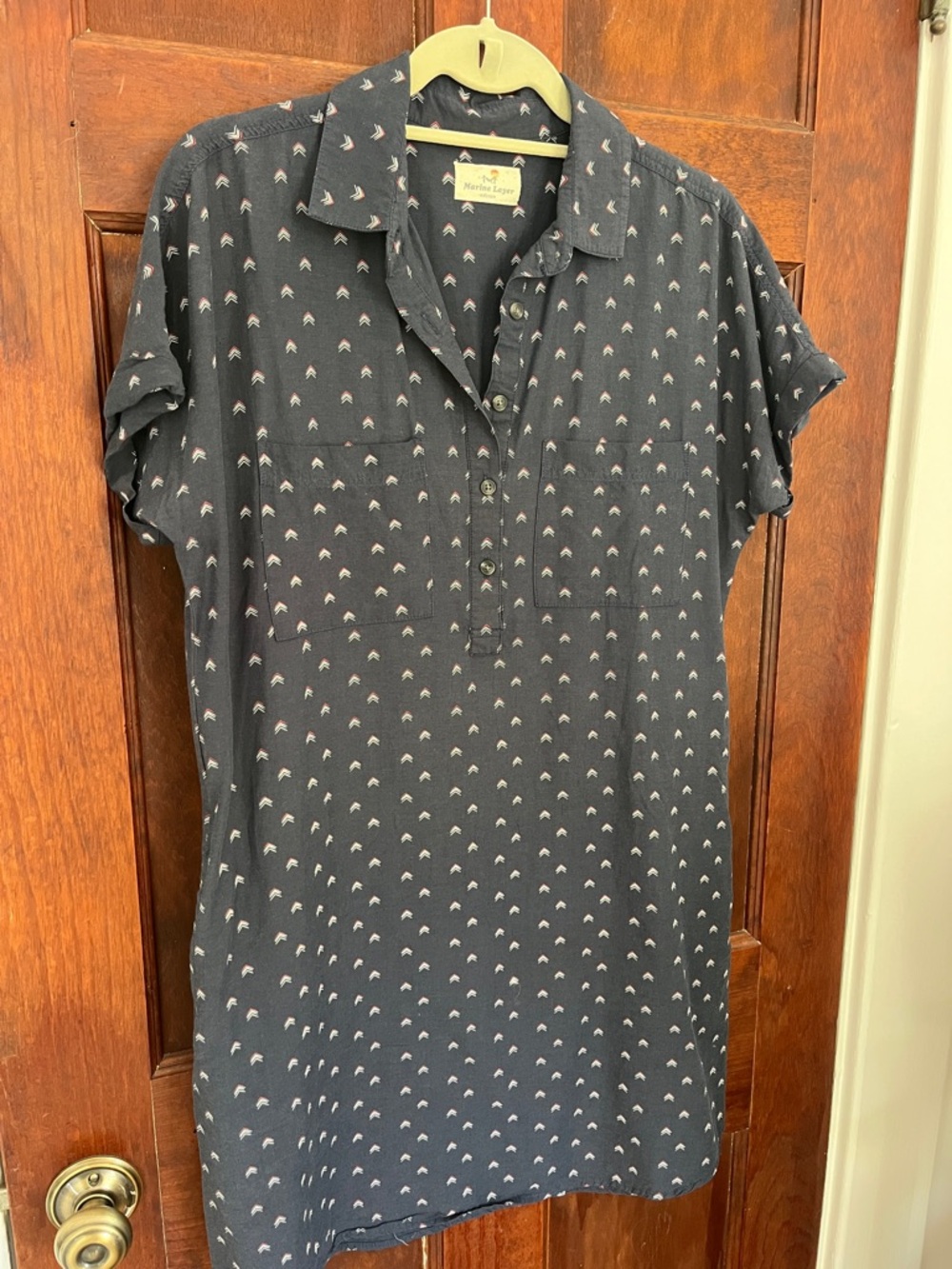 Marine Layer Navy Short Sleeve Shirt Dress with Tiny Arrow/ChevroPrint